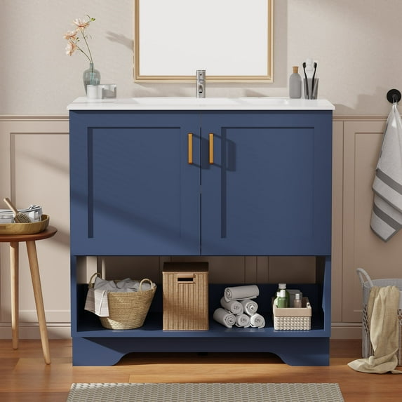 36 Inch Bathroom Vanity Cabinet - Freestanding Cabinet with Sink,2 Soft-Close Doors & 1 Open Shelf,Blue
