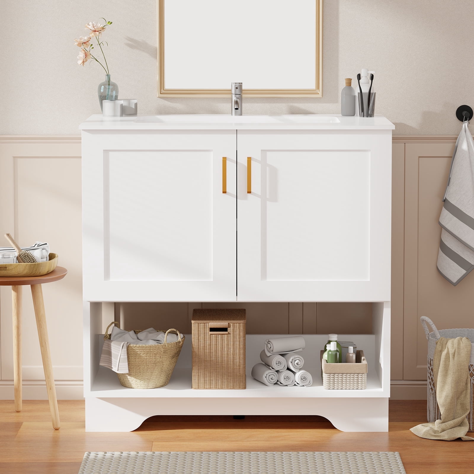 36 Inch Modern Bathroom Vanity with Ceramic Sink - Freestanding Cabinet 2 Soft-Close Doors & 1 Open Shelf, White