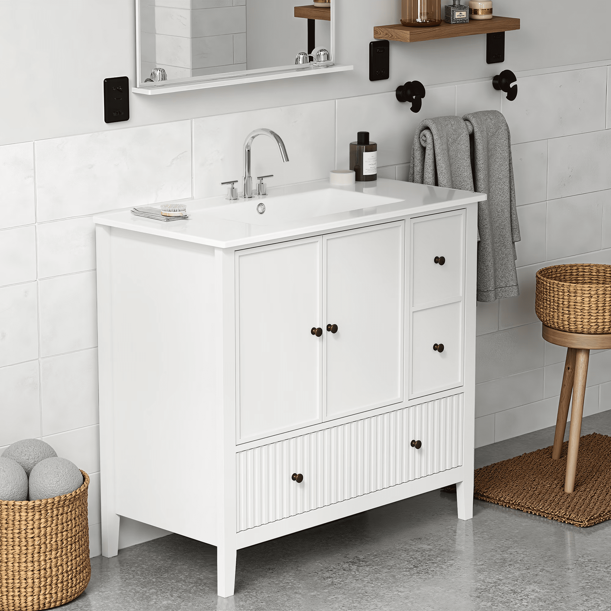 36 Inch Modern Bathroom Vanity with Integrated Ceramic Sink, Moisture Resistant MDF Storage Cabinet with Fluted Drawers & Cabinet Doors for Bathroom