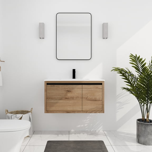 36 Inch Modern Floating Bathroom Vanity | Soft-Close Doors and Drawers for Storage | Gel Basin with Anti-Falling Design | Water-Resistant and Low-Maintenance