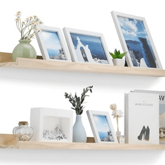 36 Inch Natural Wood Floating Shelves, Wide Picture Ledge Shelf Wall Mounted for Picture Frames 5.1 Inch Wide Drative Ledge Set of 2 with Front Lip for Bedroom Living Room Bathroom Kitchen Nursery