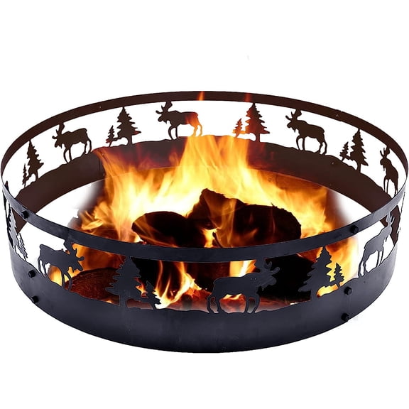 36 Inch Outdoor Fire Pit Ring - Foldable Round Metal Wood Burning Fire Ring with 360-Degree Wildlife Cutouts for Camping & Backyard Bonfire Gatherings