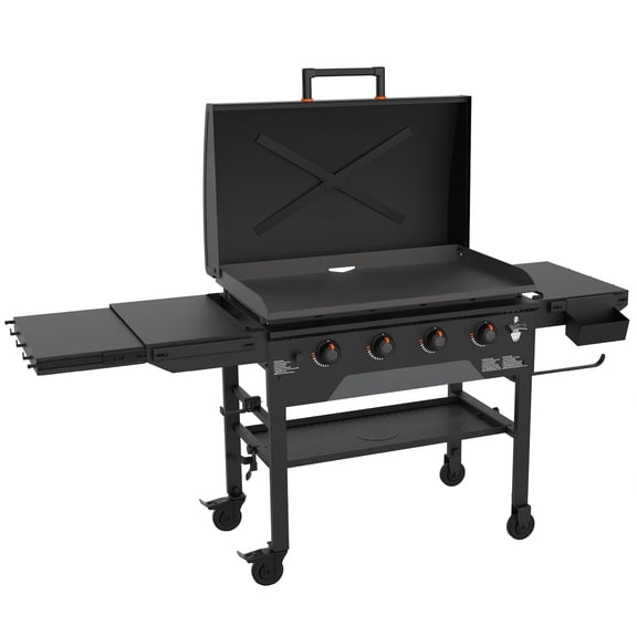 36-Inch Outdoor Gas Griddle with Hood, 4-Burner Flat Top Grill, 768 sq. in. Cooking Area, Omnivore Griddle Plate, Folding Shelves, Caster Wheels, Black