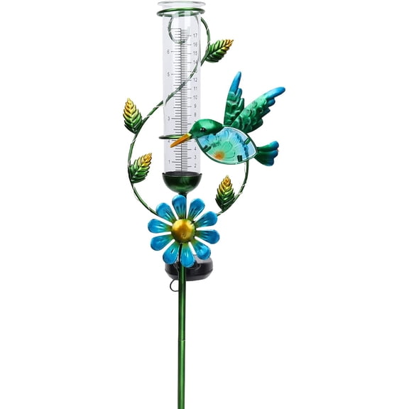 36 Inch Outdoor Rain Gauge and Solar Lights  Crackle Glass Hummingbird Design for Lawn, Yard, Garden