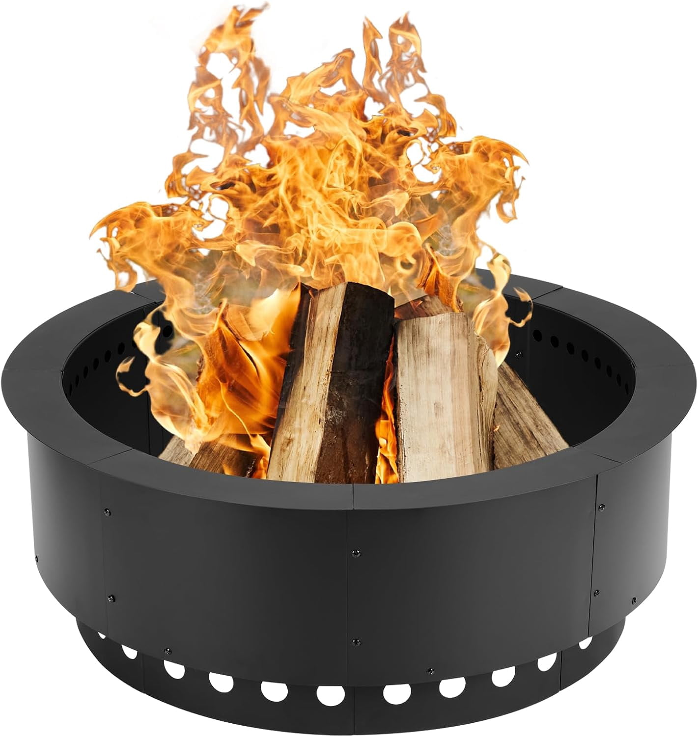 36 Inch Outer Round Smokeless Fire Pit Ring, 30 Inch Inner Double Layer Heavy Duty Metal Fire Pit Insert Liner for Backyard Bonfire Outside Picnic BBQ, Black，Fire Pit
