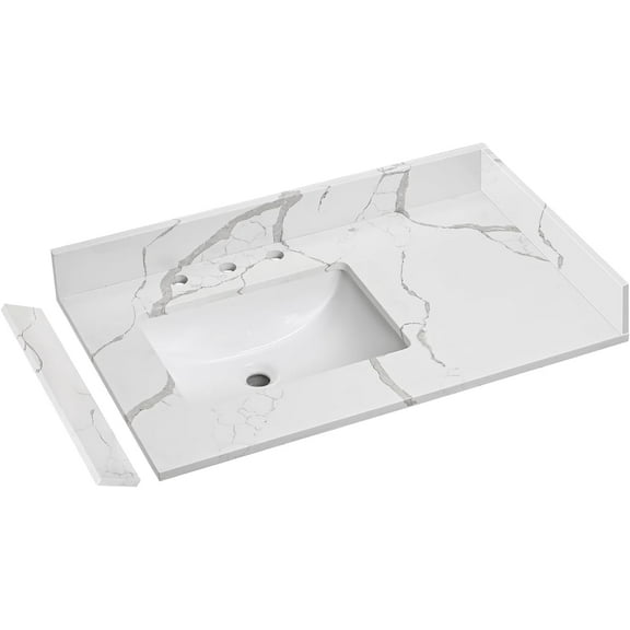 36 Inch Quartz Vanity Top,White Countertop with Undermount Left Sink Vanity Top, Come with 2 Sidesplash and 1 Backsplash,3 Holes 8 Inch Bathroom Vanity Sink Top