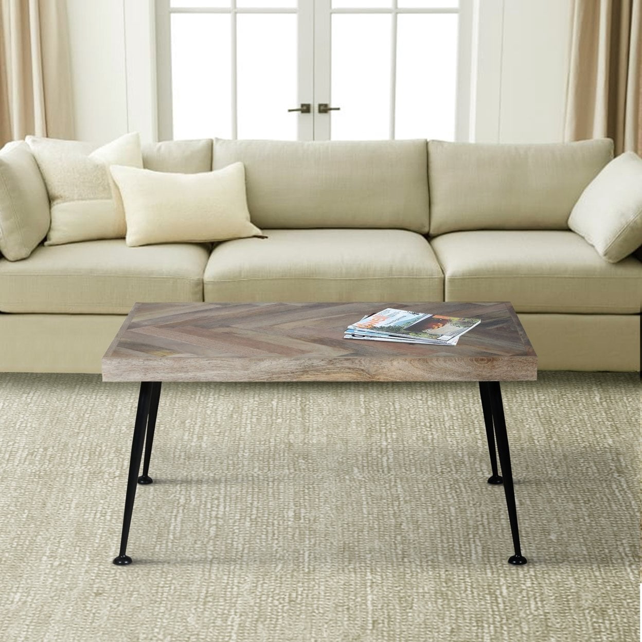 36 Inch Rectangular Mango Wood Coffee Table, Herringbone Design, Iron ...