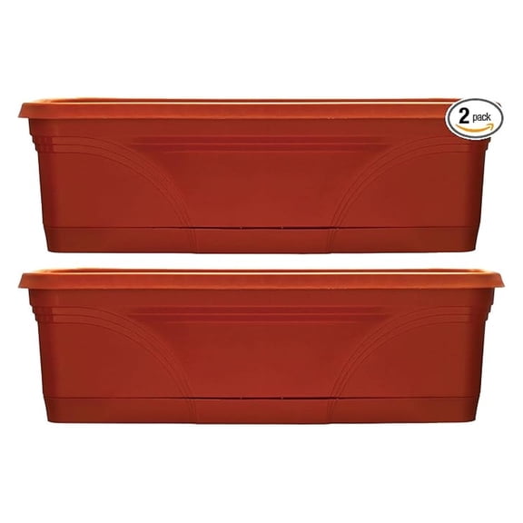 36 Inch Rectangular Plastic Medallion Hanging Windowsill and Garden Box Planters with Drainage Holes, Terracotta (2 Pack)