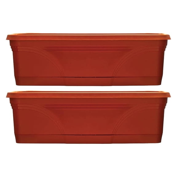 36 Inch Rectangular Plastic Medallion Hanging Windowsill and Garden Box Planters with Drainage Holes, Terracotta (2 Pack)