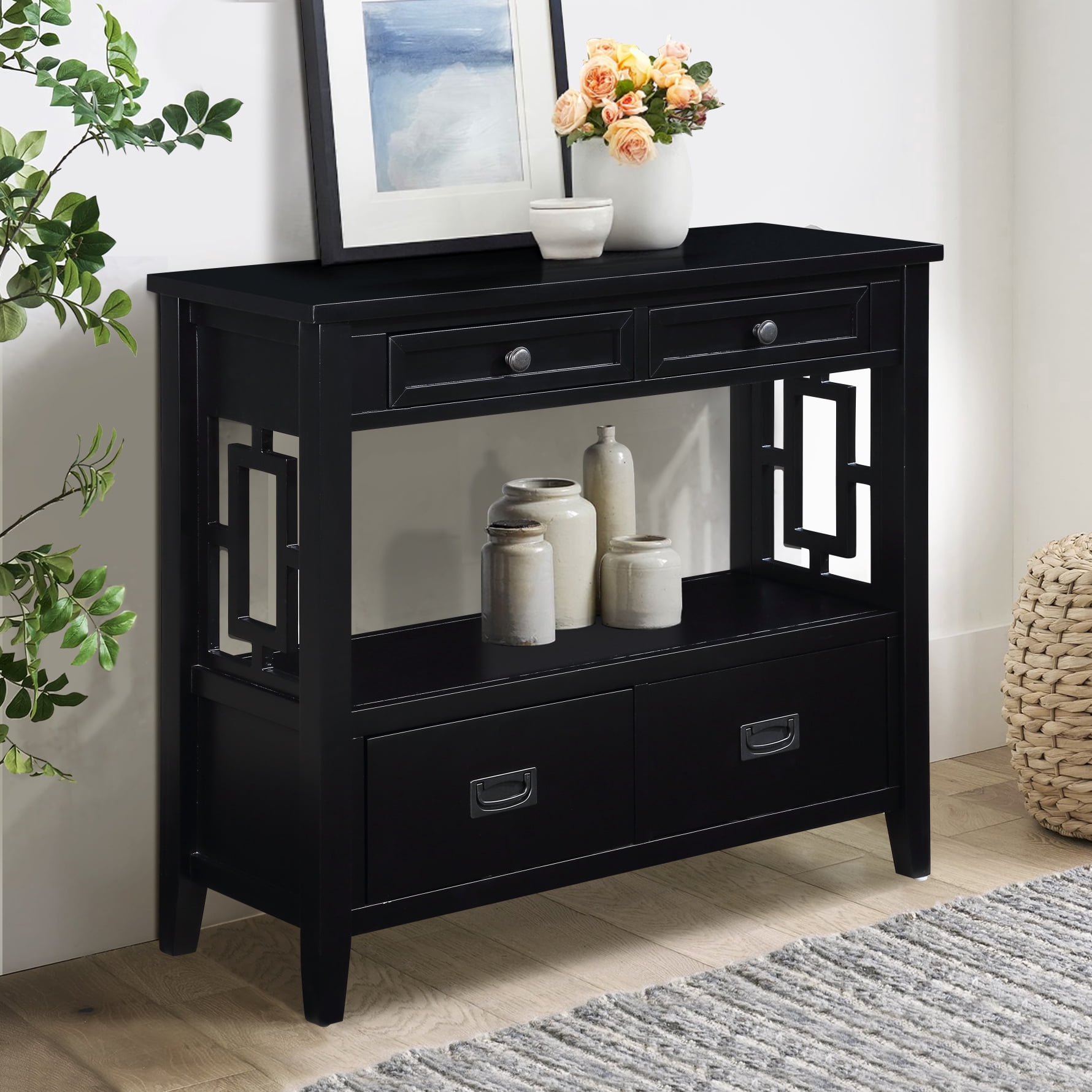 36 Inch Retro Console Table with 4 Drawers and Bottom Shelf Solid Wood ...
