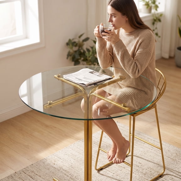 36 Inch Round Bar Table, Tempered Glass Top High Counter Table with Gold Metal Base for Home Bar