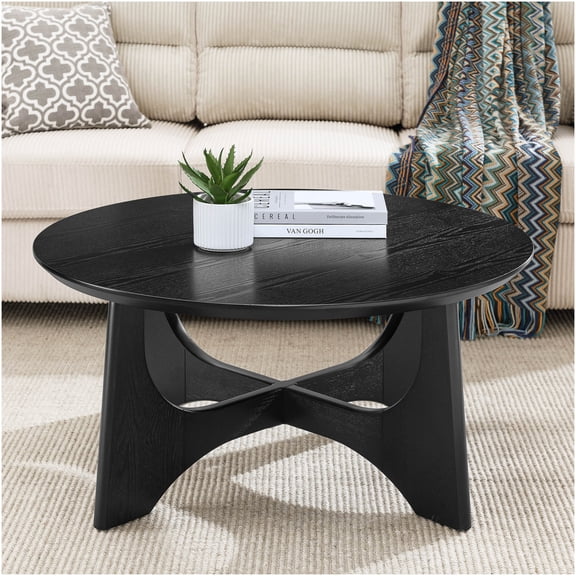 36 Inch Round Black Coffee Table, Modern Cross Leg Design Wood Grain Top for Living Room