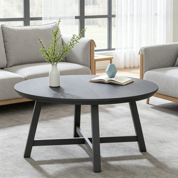 36 Inch Round Coffee Table with Industrial Wood Grain, Large Center Table with Thickened Metal Legs and Adjustable Feet, Stable Accent Coffee Table for Living Room or Office, Black