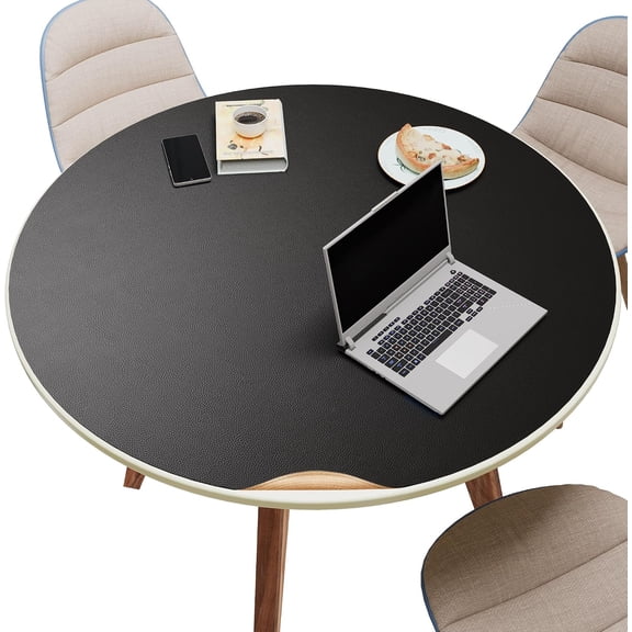 36 Inch Round Cork & Leather Table Pad Protector, Cuttable Size (30-36 Inch), Trimmable Dining Table Mat, Heat Resistant/Non-Slip Table Cover for Kitchen, Office, or Restauran (Black)