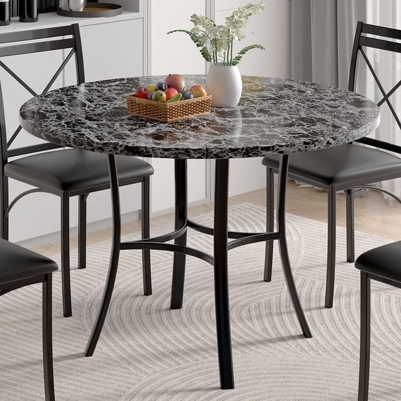 36 Inch Round Dining Table For 4, Grey Faux Marble Top With Black Metal Frame, Space-Saving Design For Kitchen Or Apartment