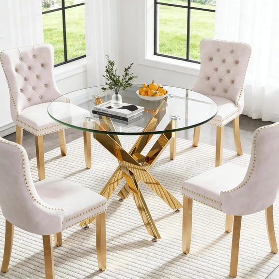36-Inch Round Glass Dining Table for 4 with Gold Metal Legs, Space-Saving Modern Kitchen Table with Clear Tempered Glass Top