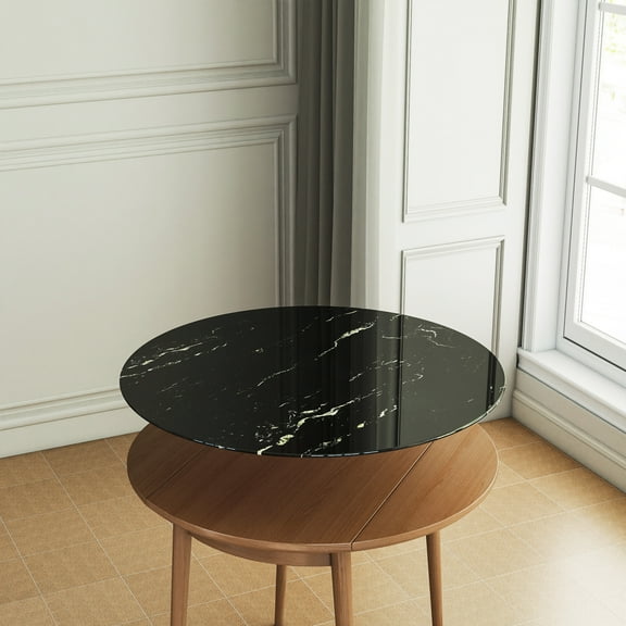36 Inch Round Tempered Glass Table Top, Round Black Glass Desktop with Marble Design, 3/10 Inch Thick Tempered Glass, DIY Replacement and Cover Desktop for Dining Table, Coffee Table, Office Table