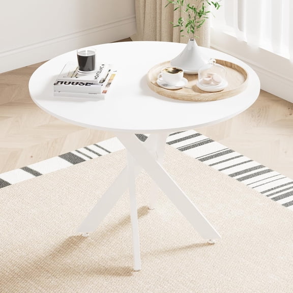 36 Inch Round White Dining Table for 2 to 4, Mid Century Modern MDF Tabletop, Sturdy Cross Steel Legs, Adjustable Foot Pads, Leisure Coffee Table for Kitchen Dining Room Living Room Tea