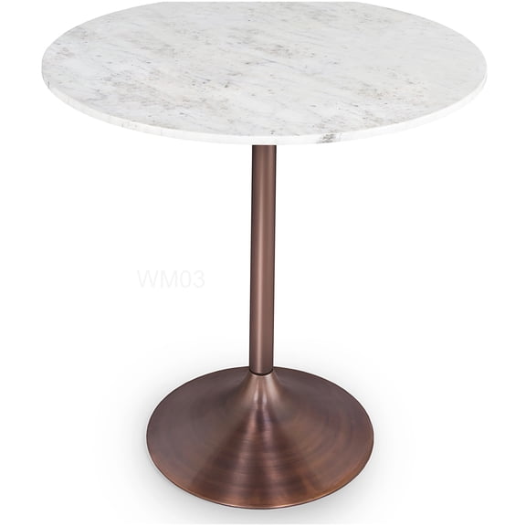 36 Inch Round White Marble Dining Table, Antique Copper Iron Pedestal Base for Compact Living Spaces