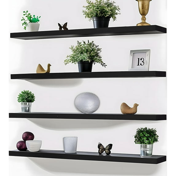 36 Inch Rustic Farmhouse Floating Shelves for Wall Decor Storage Wood Wooden Wall Shelves for Bedroom Bathroom Kitchen Living Room - Black Set of 4
