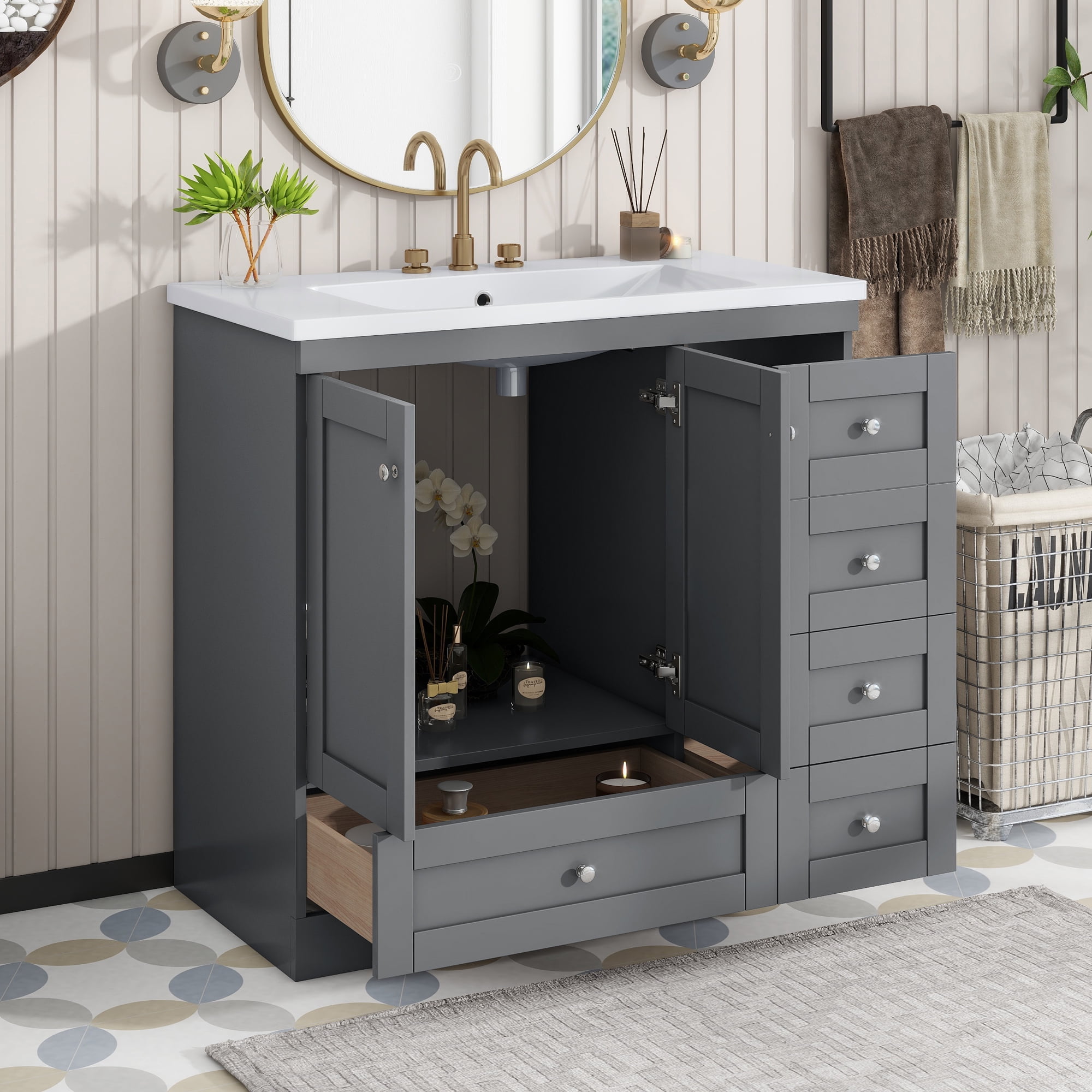 36 Inch Shaker Style Free-Standing Bathroom Vanity Cabinet with Sink,4 ...