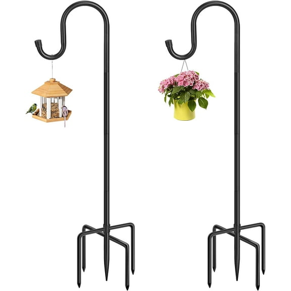 36 Inch Shepherds Hooks for Outdoor, Heavy Duty Bird Feeder Pole with 5 Prong Bases, Garden Hanging Stake for Bird Feeder, Solar Light, Plant Hanger, Wedding Decor, Metal Hanger Hooks, Black, 2 Packs