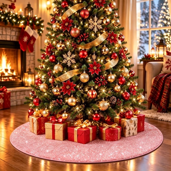 36 Inch Shiny Sequin Christmas Tree Skirt, Glitter Xmas Tree Base Cover, Tutuviw Pink Christmas Decorations Small Tree Skirt for 46 FT Xmas Tree Holiday Indoor Ornament