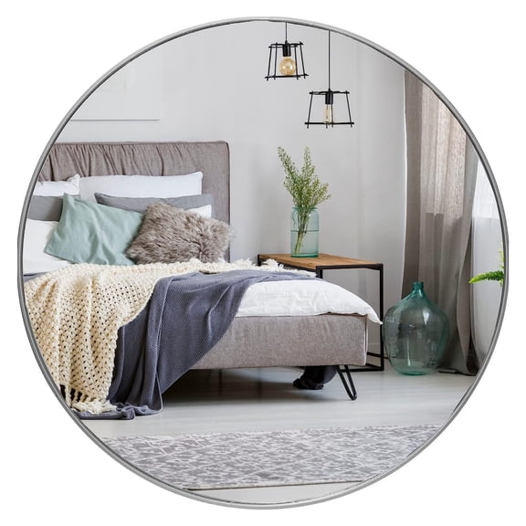 36 Inch Silver Metal Framed Round Bathrrom Mirror for Wall.(W2203134961) Silver + Classic + MDF+glass + Aluminium,MDF,Mirror