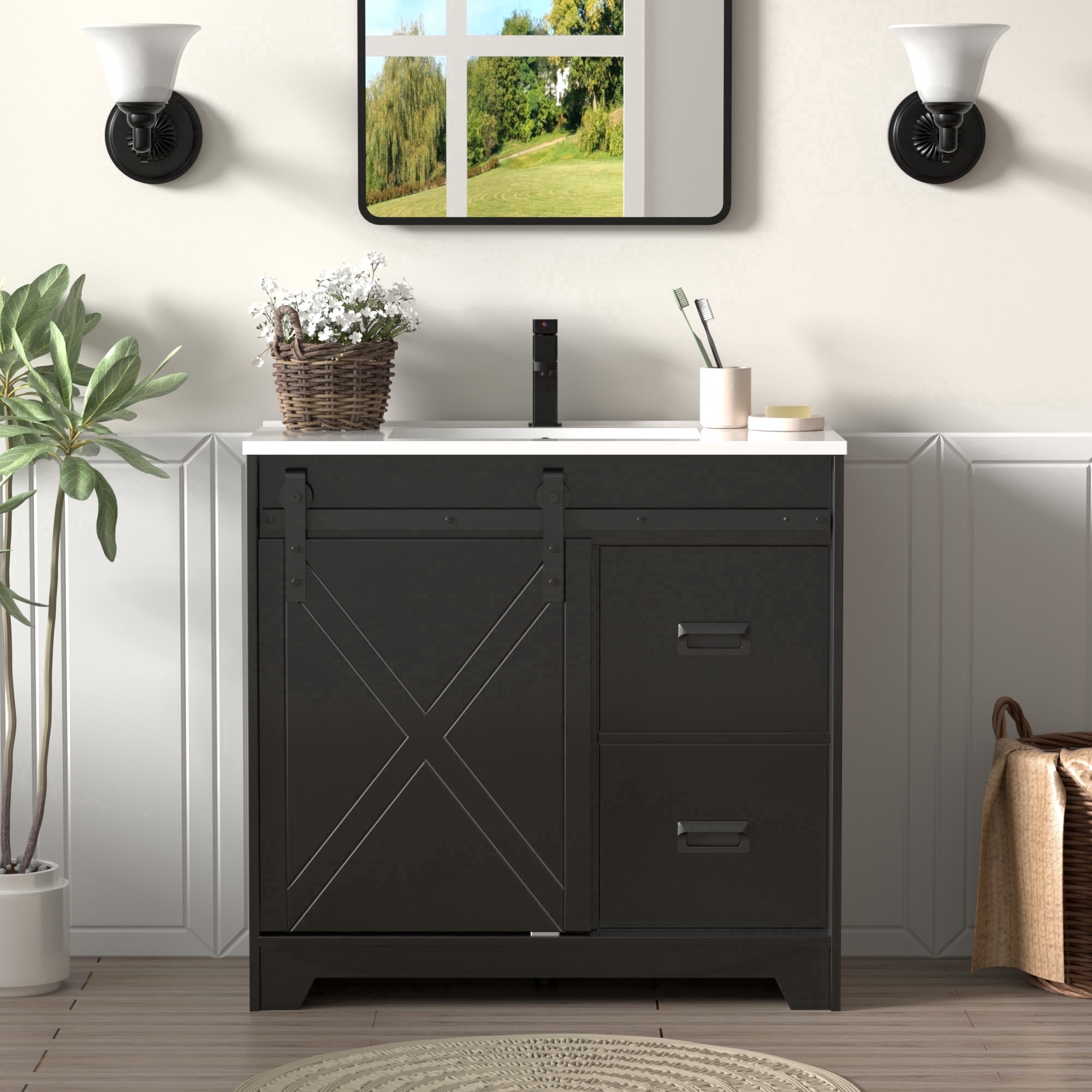 Eclife 36 inch Modern Farmhouse Black Bathroom Vanity with Sink Top, Faucet, Drawers and Door, Water-resistant Paint