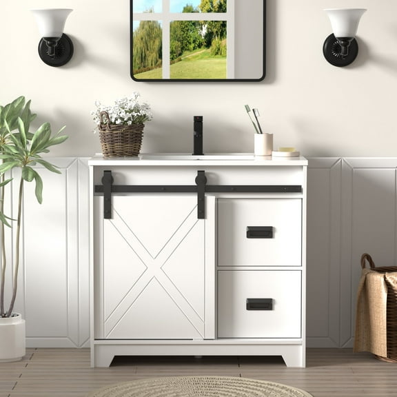 36 Inch Farmhouse Bathroom Vanity Set with Sink Top, Faucet, Deep Drawers, Sliding Barn Door, Interior Shelf