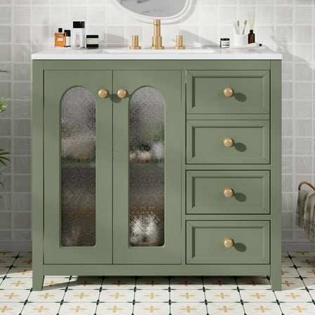 36-Inch Single Bathroom Vanity with Ceramic Top, 2 Glass Doors, Adjustable Shelves and Three Drawers