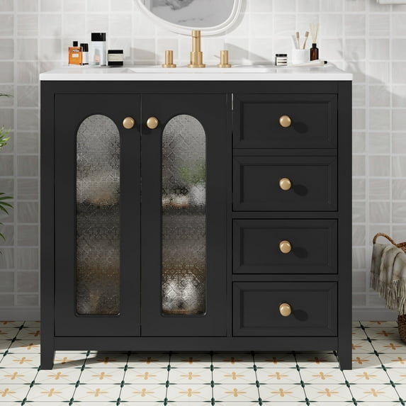 36-Inch Single Bathroom Vanity with Ceramic Top, 2 Glass Doors, Adjustable Shelves and Three Drawers