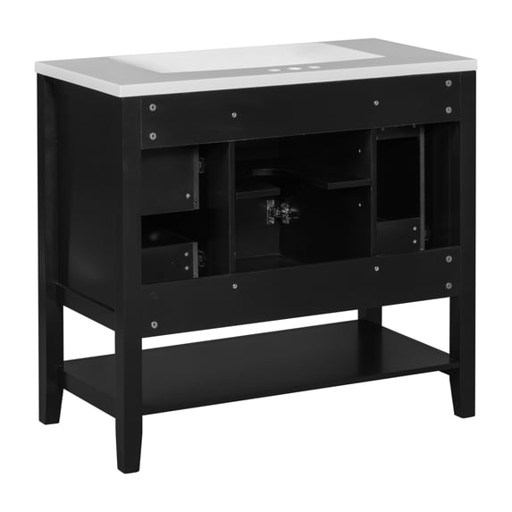 36-Inch Solid Wood Bathroom Vanity with Sink Combo, 3 Drawers & Cabinet, Moisture-Resistant Finish, Adjustable Dividers, Anti-Tipping Design, Black Finish
