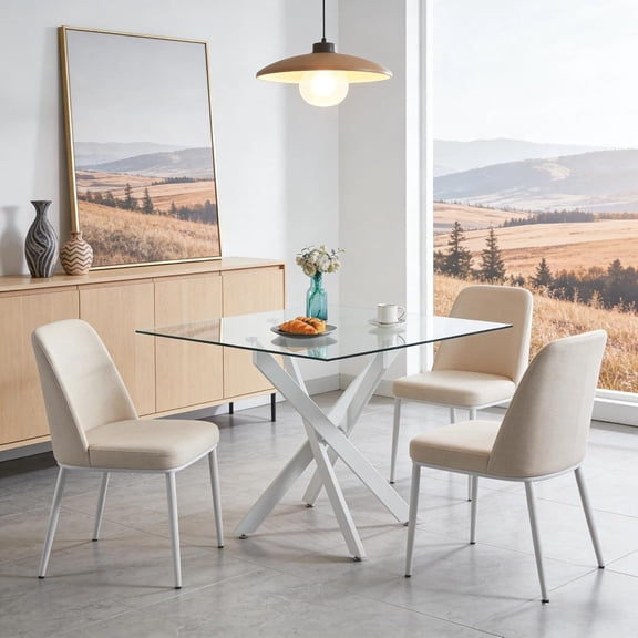 36-Inch Square Glass Dining Table for 4, Modern Kitchen Table with Clear Tempered Glass Top and White Metal Tubular Legs