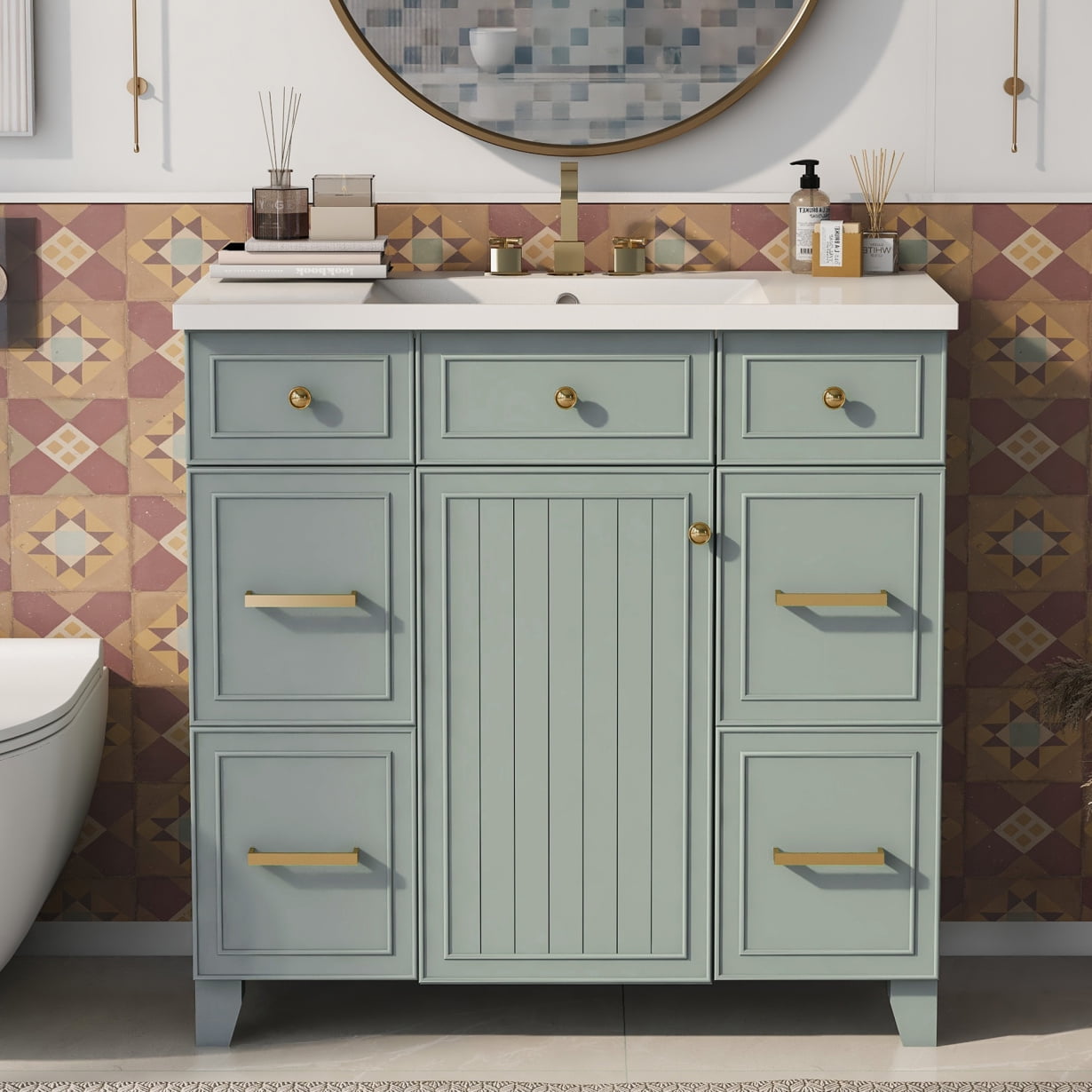 Modern White Bathroom Vanity with Ceramic Sink - Freestanding Storage Cabinet with Soft-Closing Doors