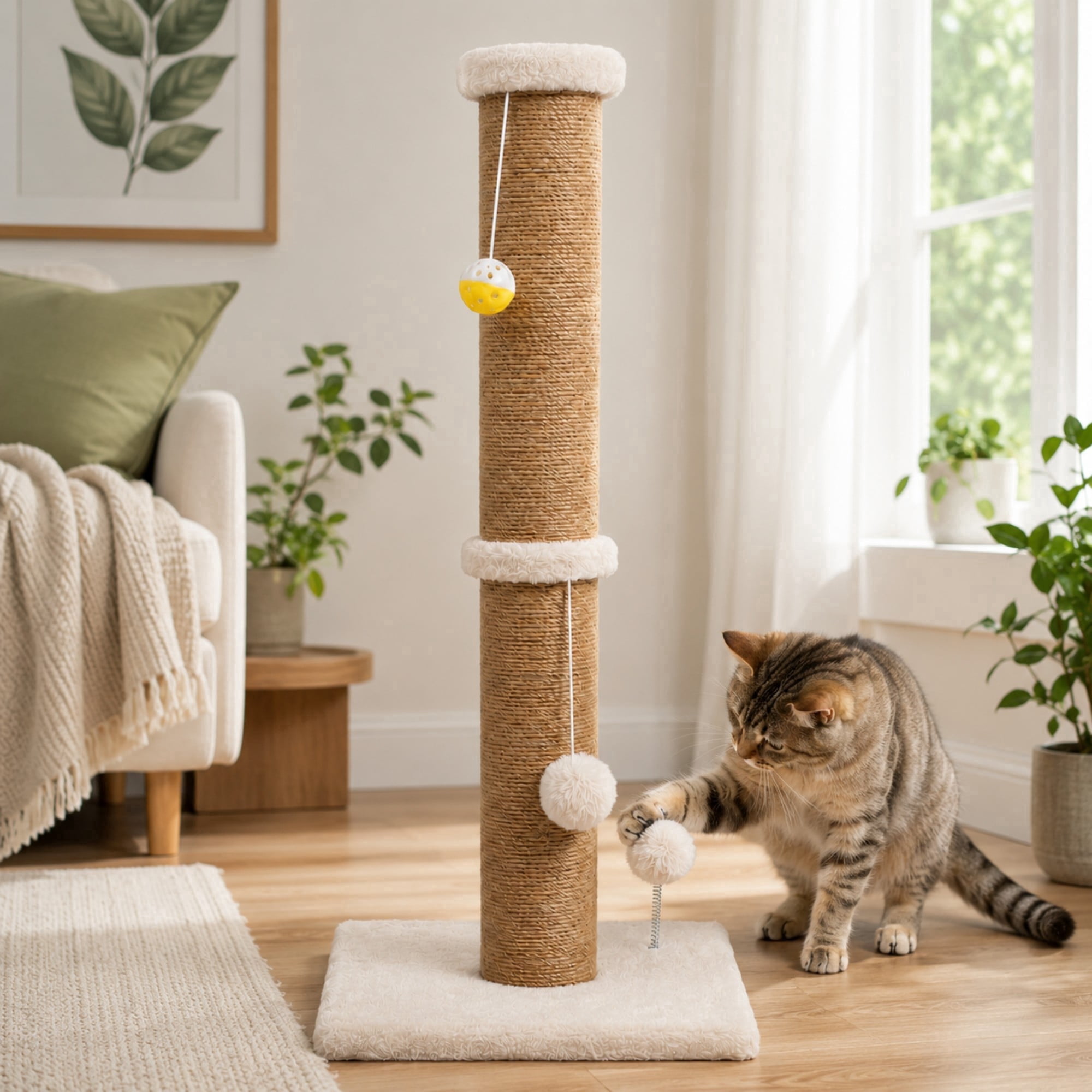 PELUOMOZ Cat Scratching Post, 36 in Beige Sisal Scratch Tower with Stable Base and Interactive Toy