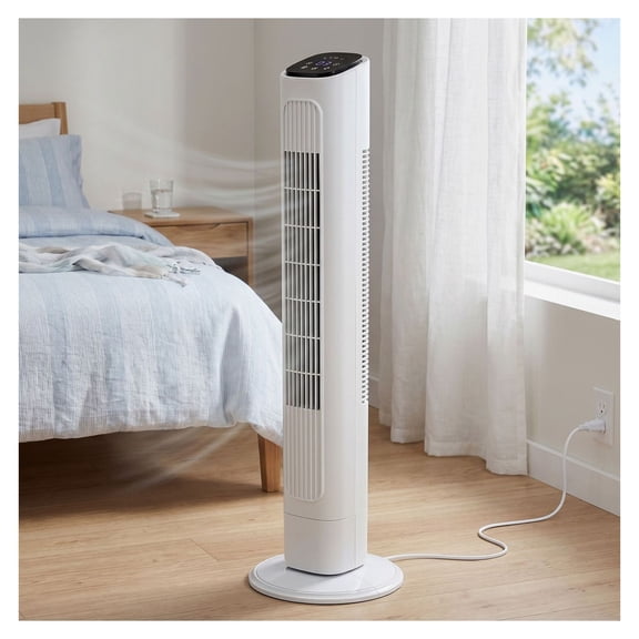 36 Inch Tower Fan, 110V Oscillating Column Fan with Remote, 3 Speed, 3 Modes, 9H Timer, White Plastic Body, Copper Motor for Home Use