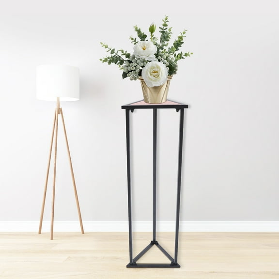36 Inch Triangular Plant Stand Torched Wood and Black Metal Frame Flower Rack Potted Plant Pedestal Holder