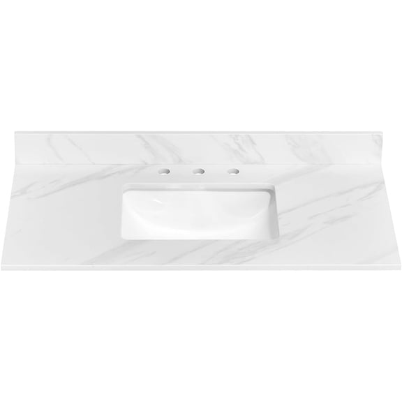 36 Inch Vanity Top, White Engineered Stone Vanity with Sink, Rectangular Middle Sink with 8 in. Faucet Hole Spacing and Backsplash Bathroom Sink