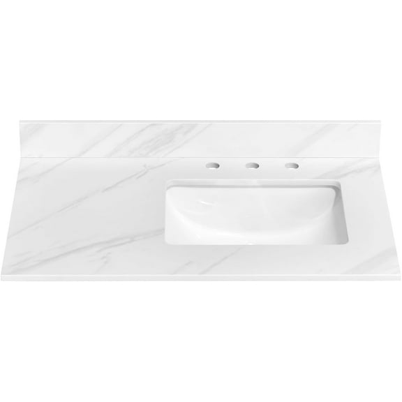 36 Inch Vanity Top, White Engineered Stone Vanity with Sink, Rectangular Right Sink with 8 in. Faucet Hole Spacing and Backsplash Bathroom Sink