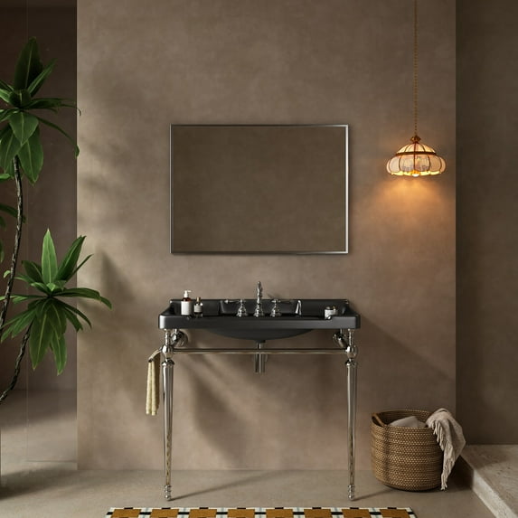 36 Inch Wall-Mounted Bathroom Vanity Sink with Black Ceramic Console Basin, Stainless Steel Legs, Towel Rack, and Pre-Drilled Faucet Holes in Chrome Finish