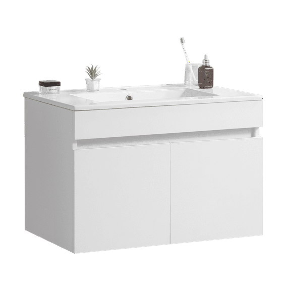 36 Inch Wall Mounted Bathroom Vanity with White Ceramic Basin, Bathroom Storage Cabinet with Two Soft Close Cabinet Doors, Solid Wood,Excluding faucets,White