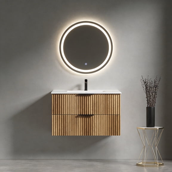 36 Inch Wall-Mounted Bathroom Vanity with 3D Fluted Panel & Ceramic Integrated Sink