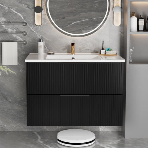 36 Inch Wall Mounted Bathroom Vanity with Ceramic Sink, Modern Floating Fluted Vanity Cabinet with 2 Drawers for Bathroom Storage, Matte Black