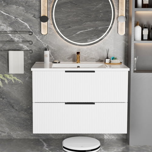 36 Inch Wall Mounted Bathroom Vanity with Ceramic Sink, Modern Floating Fluted Vanity Cabinet with 2 Drawers for Bathroom Storage, Matte White