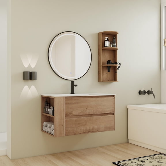 36 Inch Wall Mounted Bathroom Vanity with Sink and Storage Rack, 2 Soft Close Drawers, Modern Combination Cabinet for Small Spaces