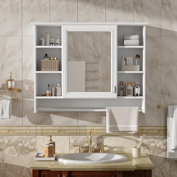 36 Inch Wall Mounted Medicine Cabinet, 3-in-1 Bathroom Mirror Cabinet with Adjustable Shelf and Soft Close Door, High Definition Mirror with Storage for Bathroom Vanity, White
