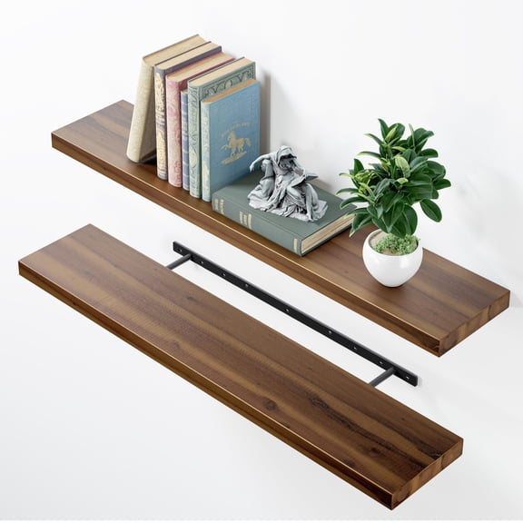 36 Inch Walnut Color Floating Shelves, Set of 2 Rustic Farmhouse Wall Mount Storage & Decor