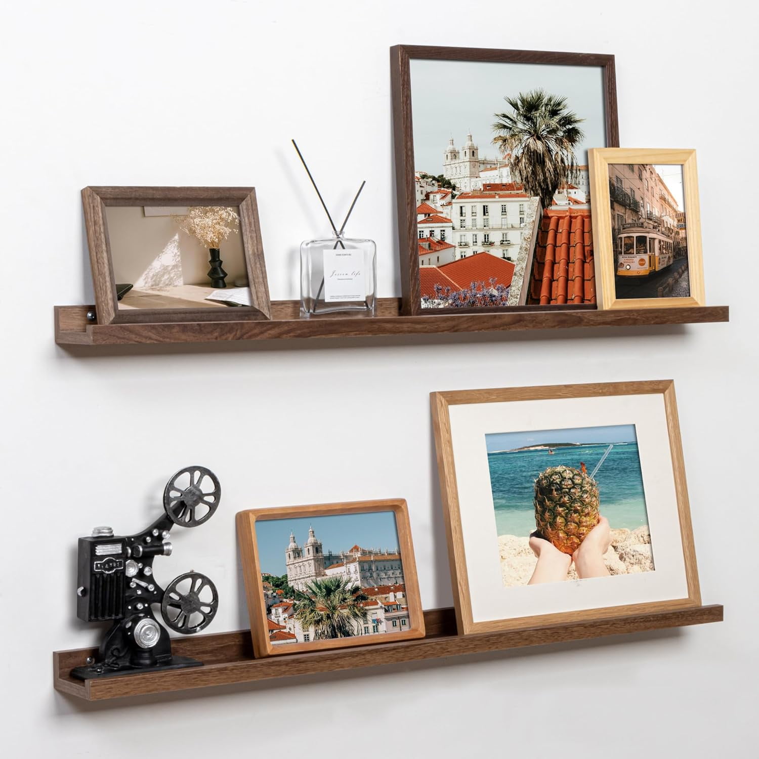 36 Inch Walnut Floating Picture Ledge Shelf Set of 2, Wall Mounted Book ...