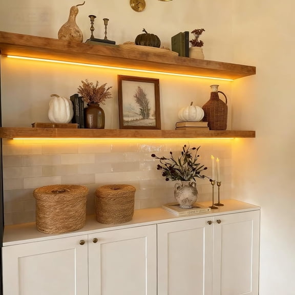 36 Inch Walnut Floating Shelves with Built-in LED Light, Wall Mounted Display Shelf with Warm Glow, Hidden Bracket Shelf for Living Room, Bedroom, Kitchen, Home Office, Modern Decor